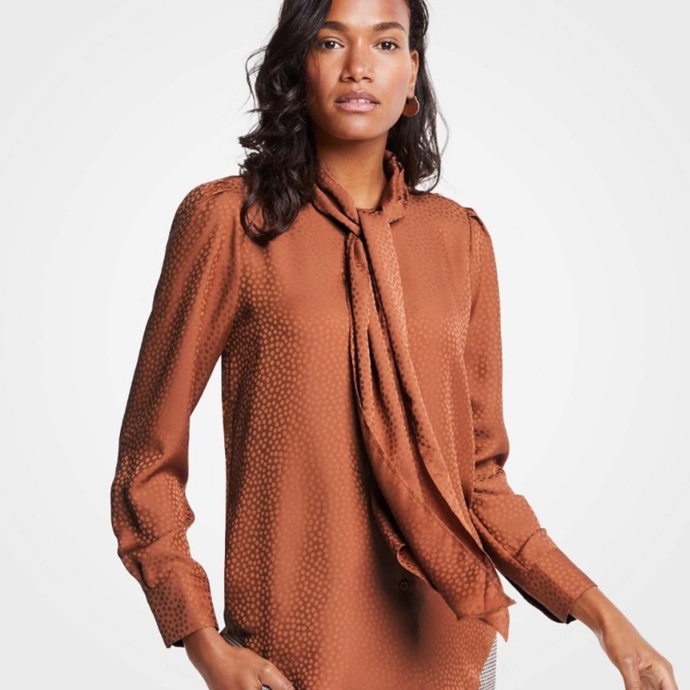 Ann Taylor Petite Pindot Jacquard Bow Tie Blouse